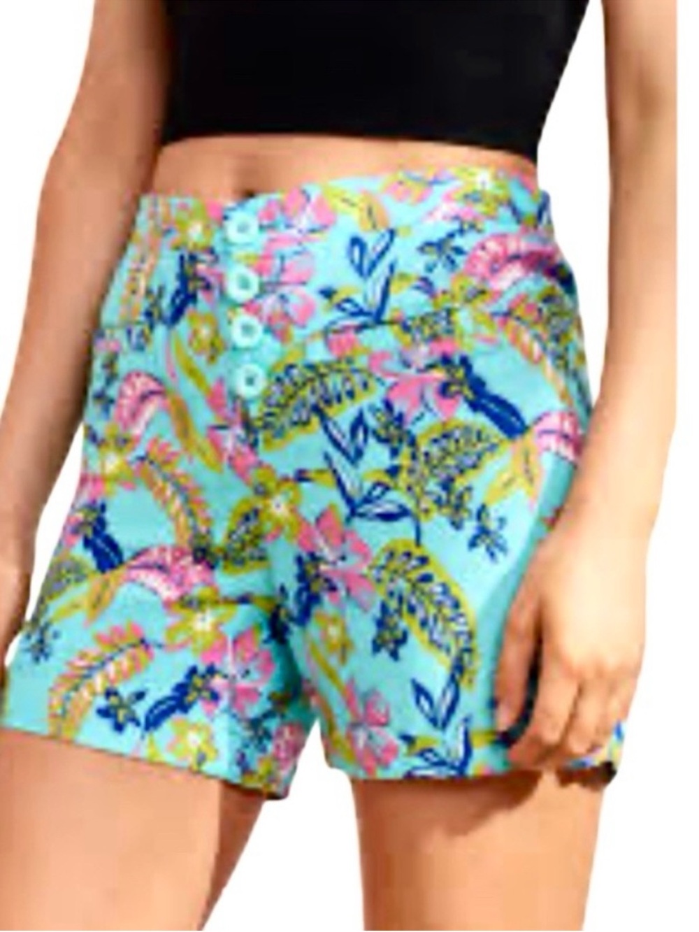 Caribbean Joe High Waist Shorts Tropical Print Aqua Blue Green Pink Size M